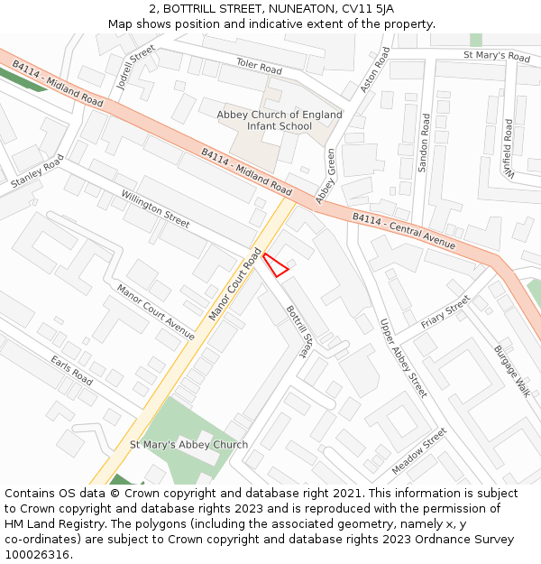 2, BOTTRILL STREET, NUNEATON, CV11 5JA: Location map and indicative extent of plot
