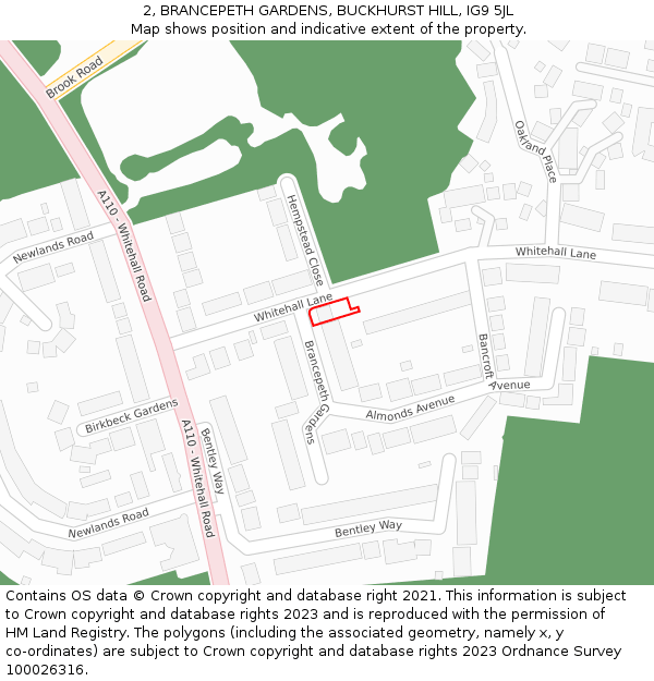 2, BRANCEPETH GARDENS, BUCKHURST HILL, IG9 5JL: Location map and indicative extent of plot