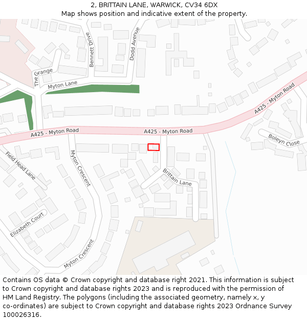 2, BRITTAIN LANE, WARWICK, CV34 6DX: Location map and indicative extent of plot