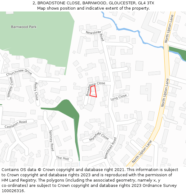 2, BROADSTONE CLOSE, BARNWOOD, GLOUCESTER, GL4 3TX: Location map and indicative extent of plot