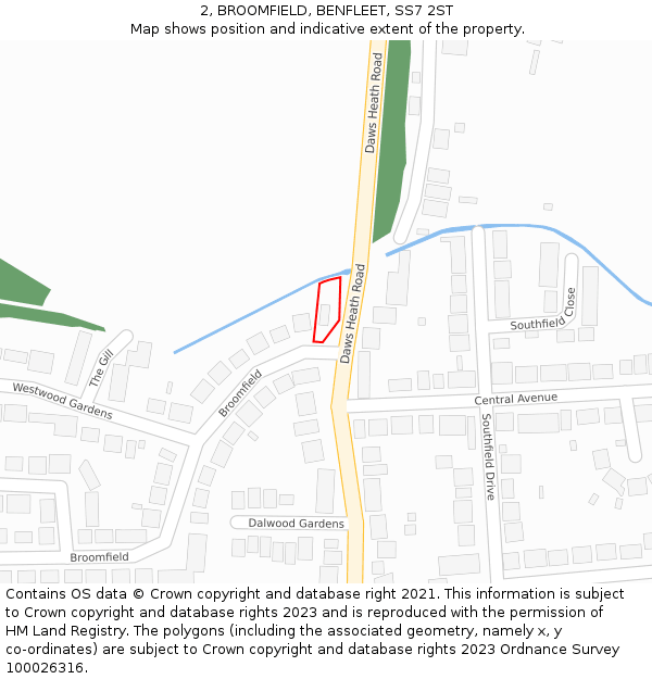 2, BROOMFIELD, BENFLEET, SS7 2ST: Location map and indicative extent of plot