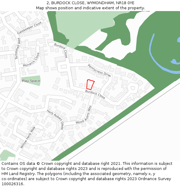 2, BURDOCK CLOSE, WYMONDHAM, NR18 0YE: Location map and indicative extent of plot