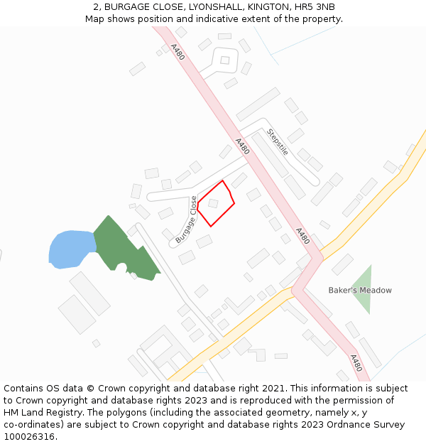 2, BURGAGE CLOSE, LYONSHALL, KINGTON, HR5 3NB: Location map and indicative extent of plot