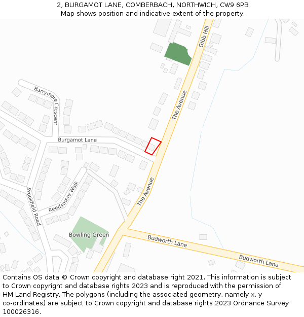 2, BURGAMOT LANE, COMBERBACH, NORTHWICH, CW9 6PB: Location map and indicative extent of plot