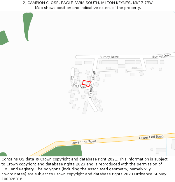 2, CAMPION CLOSE, EAGLE FARM SOUTH, MILTON KEYNES, MK17 7BW: Location map and indicative extent of plot