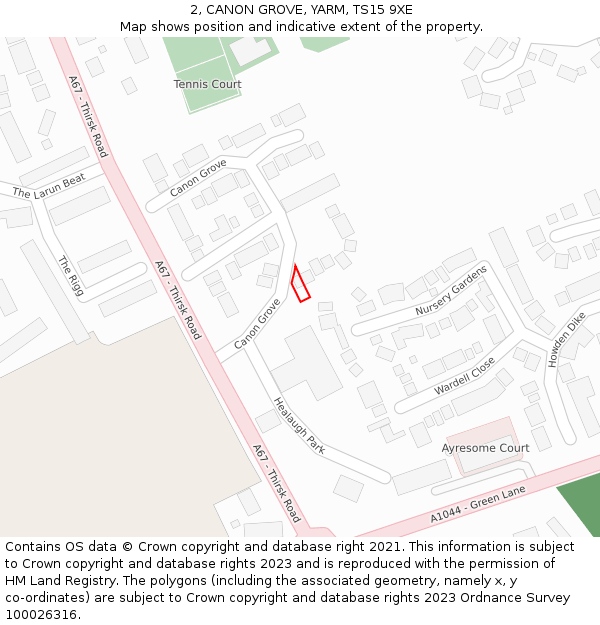 2, CANON GROVE, YARM, TS15 9XE: Location map and indicative extent of plot