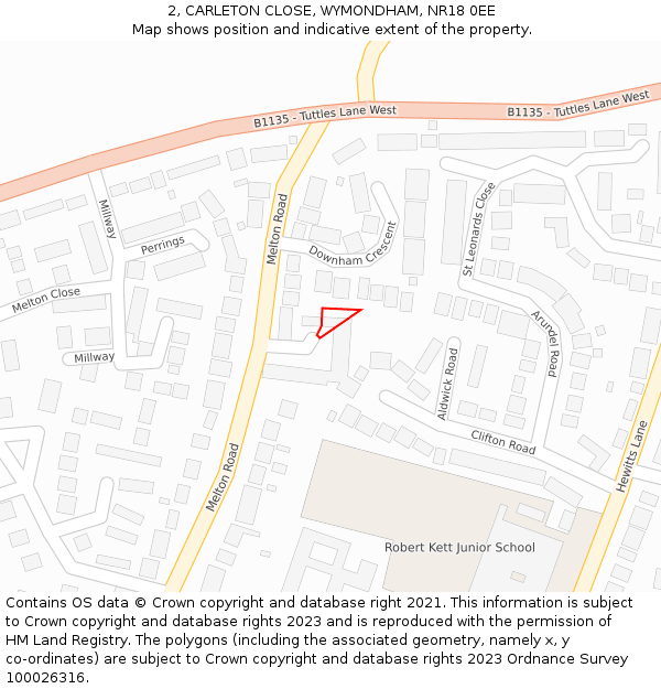 2, CARLETON CLOSE, WYMONDHAM, NR18 0EE: Location map and indicative extent of plot