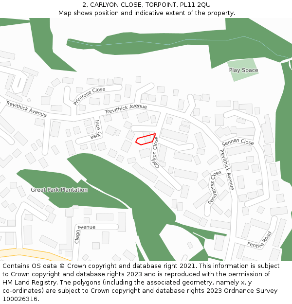 2, CARLYON CLOSE, TORPOINT, PL11 2QU: Location map and indicative extent of plot