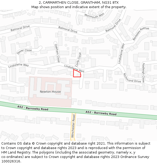 2, CARMARTHEN CLOSE, GRANTHAM, NG31 8TX: Location map and indicative extent of plot