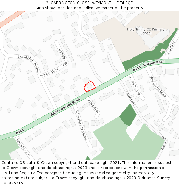 2, CARRINGTON CLOSE, WEYMOUTH, DT4 9QD: Location map and indicative extent of plot