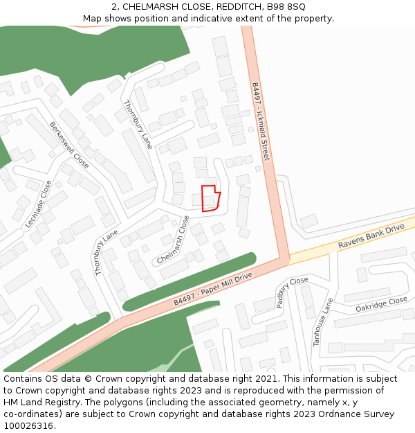 2, CHELMARSH CLOSE, REDDITCH, B98 8SQ: Location map and indicative extent of plot