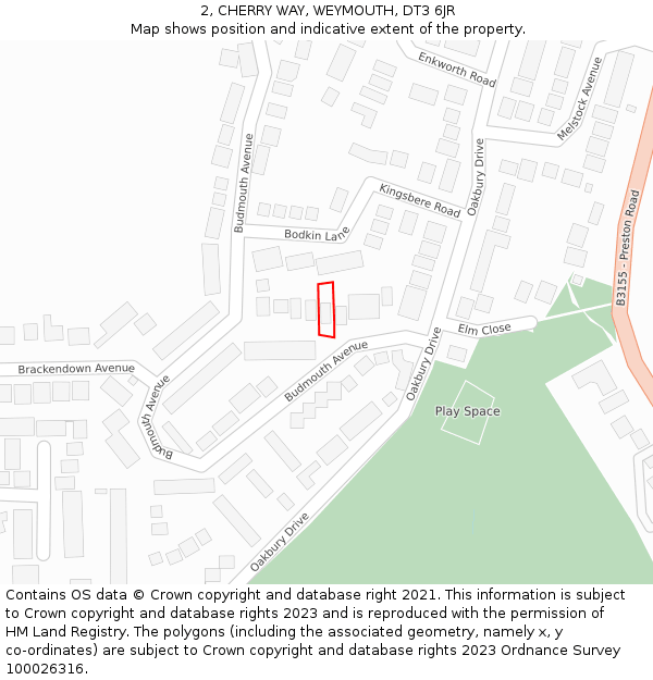 2, CHERRY WAY, WEYMOUTH, DT3 6JR: Location map and indicative extent of plot