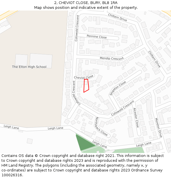 2, CHEVIOT CLOSE, BURY, BL8 1RA: Location map and indicative extent of plot