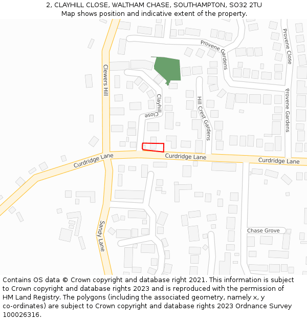 2, CLAYHILL CLOSE, WALTHAM CHASE, SOUTHAMPTON, SO32 2TU: Location map and indicative extent of plot