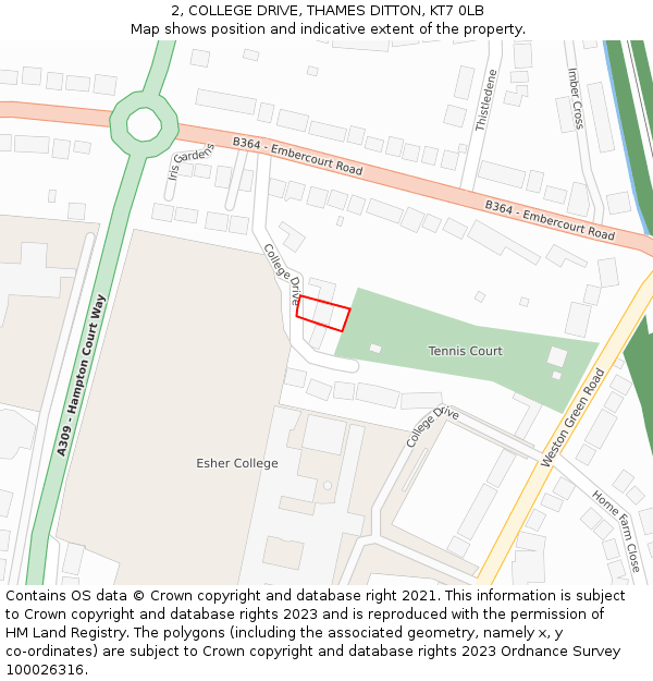 2, COLLEGE DRIVE, THAMES DITTON, KT7 0LB: Location map and indicative extent of plot