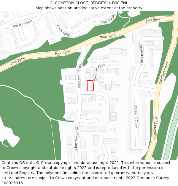 2, COMPTON CLOSE, REDDITCH, B98 7NL: Location map and indicative extent of plot