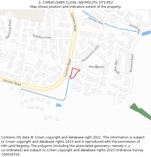 2, CORNFLOWER CLOSE, WEYMOUTH, DT3 6SZ: Location map and indicative extent of plot