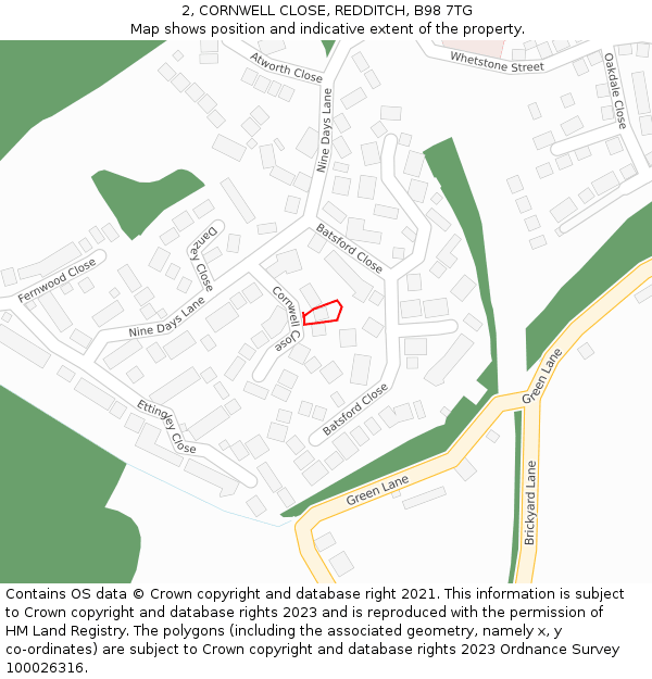 2, CORNWELL CLOSE, REDDITCH, B98 7TG: Location map and indicative extent of plot