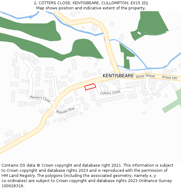 2, COTTERS CLOSE, KENTISBEARE, CULLOMPTON, EX15 2DJ: Location map and indicative extent of plot