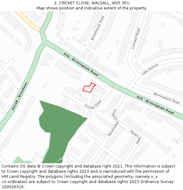 2, CRICKET CLOSE, WALSALL, WS5 3PU: Location map and indicative extent of plot