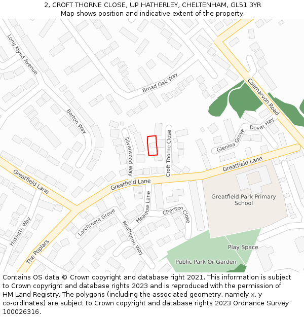 2, CROFT THORNE CLOSE, UP HATHERLEY, CHELTENHAM, GL51 3YR: Location map and indicative extent of plot