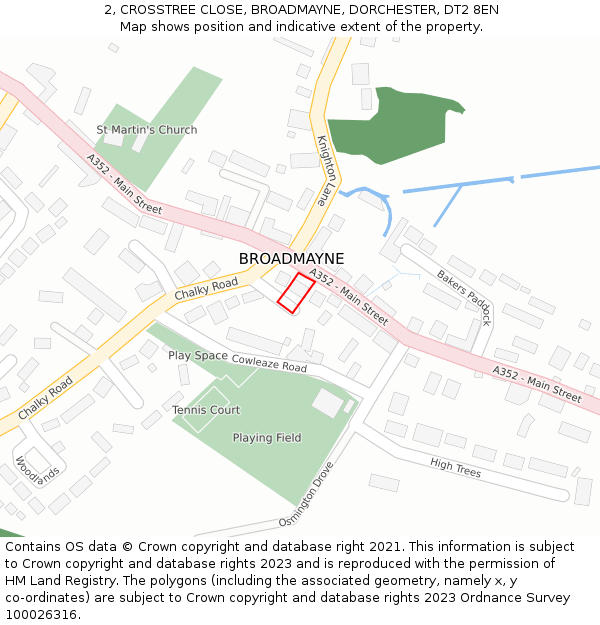 2, CROSSTREE CLOSE, BROADMAYNE, DORCHESTER, DT2 8EN: Location map and indicative extent of plot