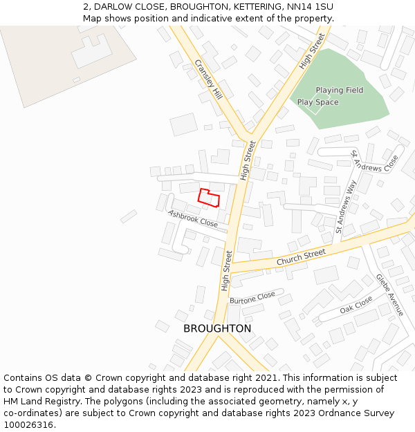 2, DARLOW CLOSE, BROUGHTON, KETTERING, NN14 1SU: Location map and indicative extent of plot