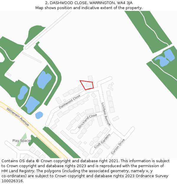 2, DASHWOOD CLOSE, WARRINGTON, WA4 3JA: Location map and indicative extent of plot
