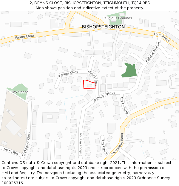2, DEANS CLOSE, BISHOPSTEIGNTON, TEIGNMOUTH, TQ14 9RD: Location map and indicative extent of plot