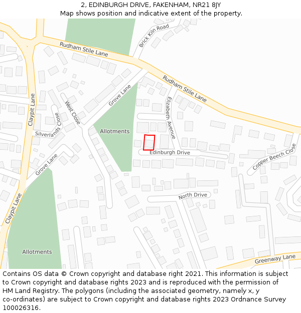 2, EDINBURGH DRIVE, FAKENHAM, NR21 8JY: Location map and indicative extent of plot