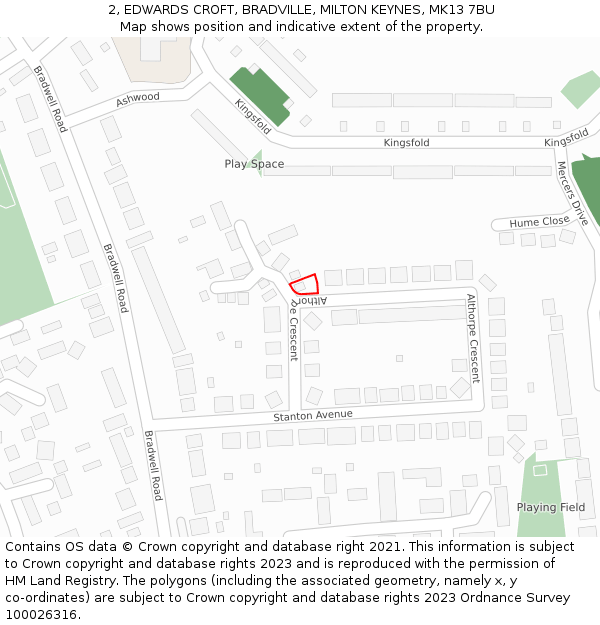 2, EDWARDS CROFT, BRADVILLE, MILTON KEYNES, MK13 7BU: Location map and indicative extent of plot