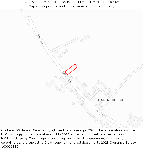 2, ELM CRESCENT, SUTTON IN THE ELMS, LEICESTER, LE9 6AG: Location map and indicative extent of plot