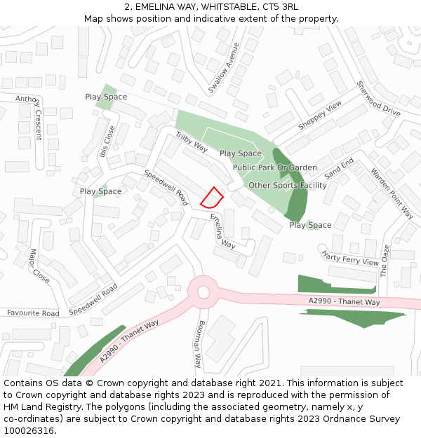 2, EMELINA WAY, WHITSTABLE, CT5 3RL: Location map and indicative extent of plot