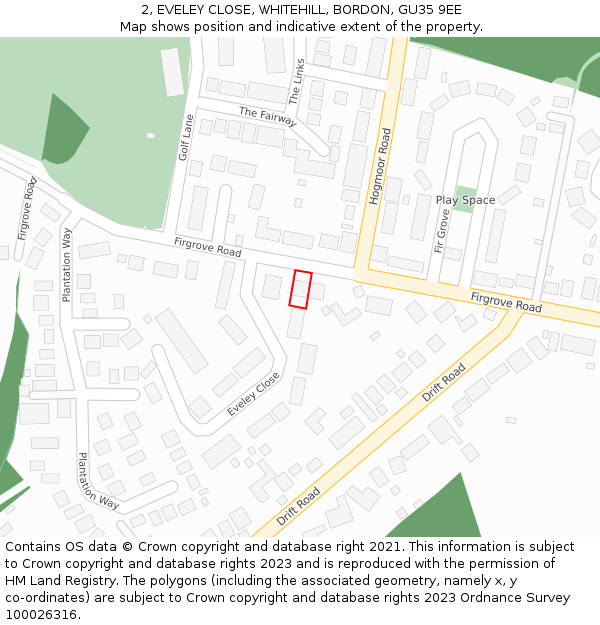 2, EVELEY CLOSE, WHITEHILL, BORDON, GU35 9EE: Location map and indicative extent of plot