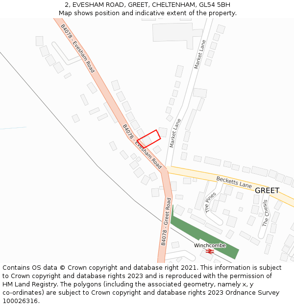 2, EVESHAM ROAD, GREET, CHELTENHAM, GL54 5BH: Location map and indicative extent of plot