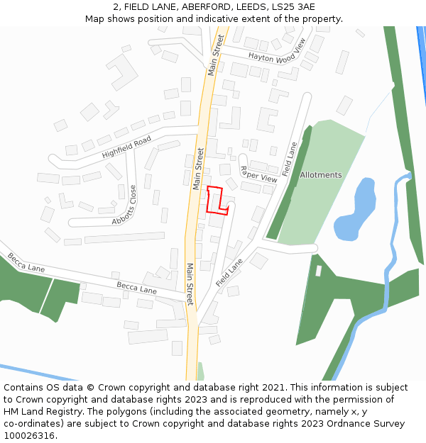 2, FIELD LANE, ABERFORD, LEEDS, LS25 3AE: Location map and indicative extent of plot