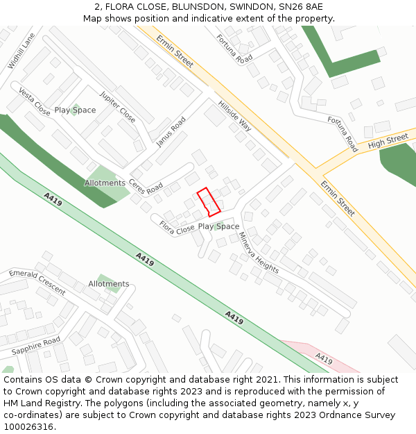 2, FLORA CLOSE, BLUNSDON, SWINDON, SN26 8AE: Location map and indicative extent of plot