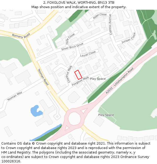 2, FOXGLOVE WALK, WORTHING, BN13 3TB: Location map and indicative extent of plot