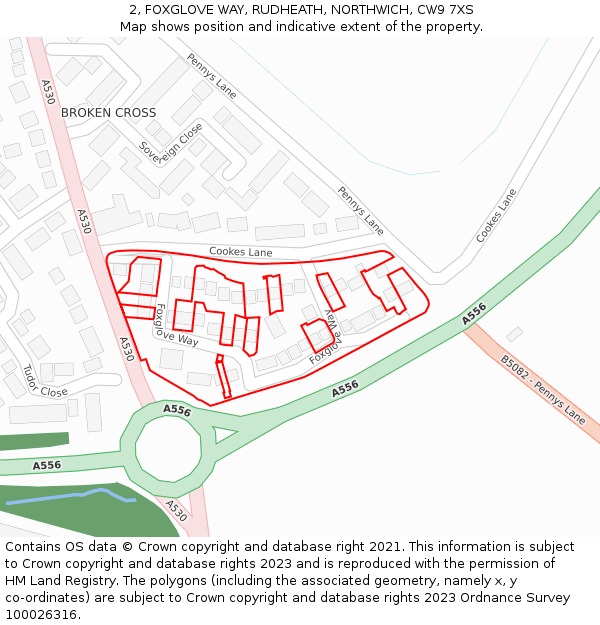 2, FOXGLOVE WAY, RUDHEATH, NORTHWICH, CW9 7XS: Location map and indicative extent of plot