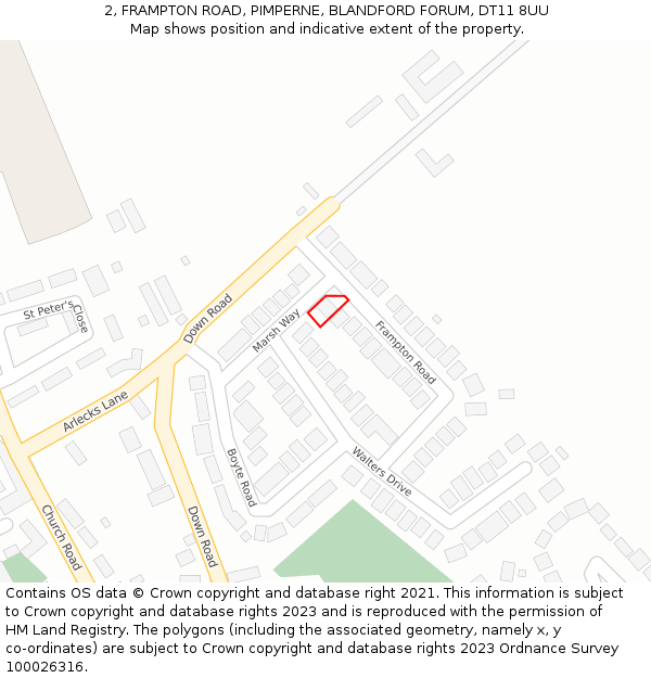 2, FRAMPTON ROAD, PIMPERNE, BLANDFORD FORUM, DT11 8UU: Location map and indicative extent of plot