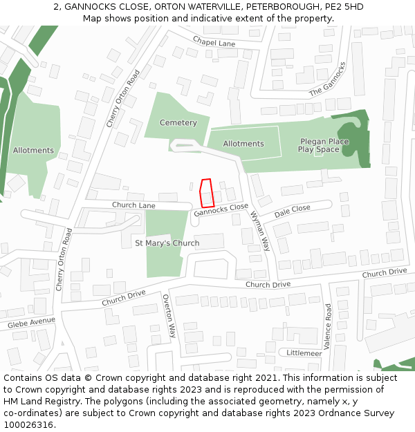 2, GANNOCKS CLOSE, ORTON WATERVILLE, PETERBOROUGH, PE2 5HD: Location map and indicative extent of plot