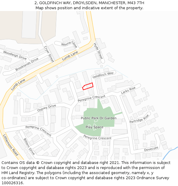 2, GOLDFINCH WAY, DROYLSDEN, MANCHESTER, M43 7TH: Location map and indicative extent of plot