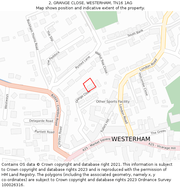 2, GRANGE CLOSE, WESTERHAM, TN16 1AG: Location map and indicative extent of plot