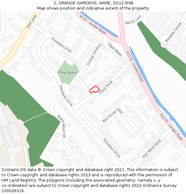2, GRANGE GARDENS, WARE, SG12 9NB: Location map and indicative extent of plot