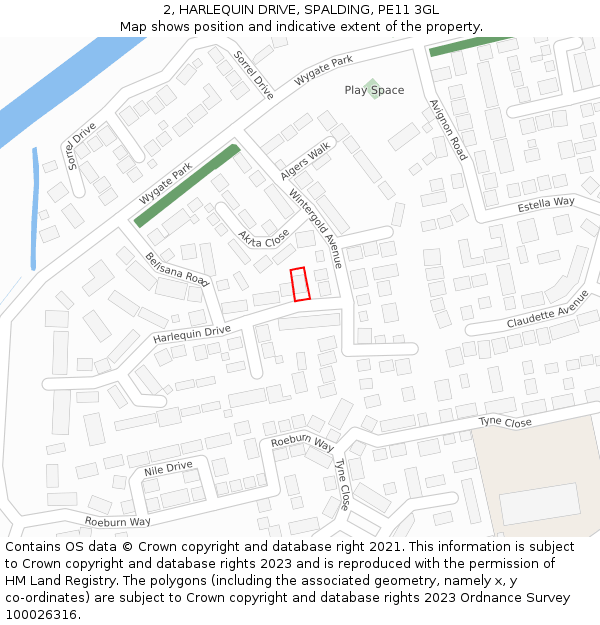 2, HARLEQUIN DRIVE, SPALDING, PE11 3GL: Location map and indicative extent of plot