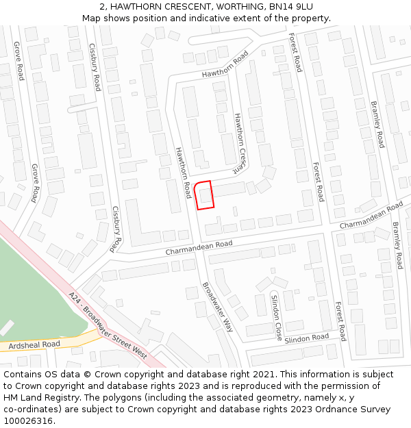 2, HAWTHORN CRESCENT, WORTHING, BN14 9LU: Location map and indicative extent of plot