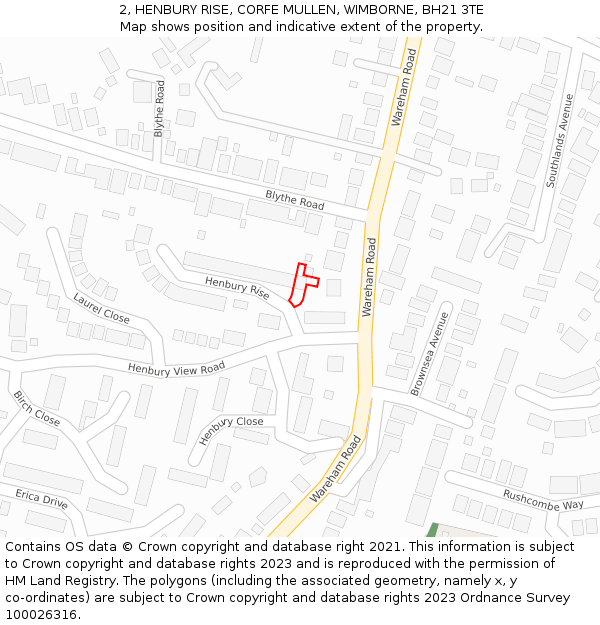 2, HENBURY RISE, CORFE MULLEN, WIMBORNE, BH21 3TE: Location map and indicative extent of plot