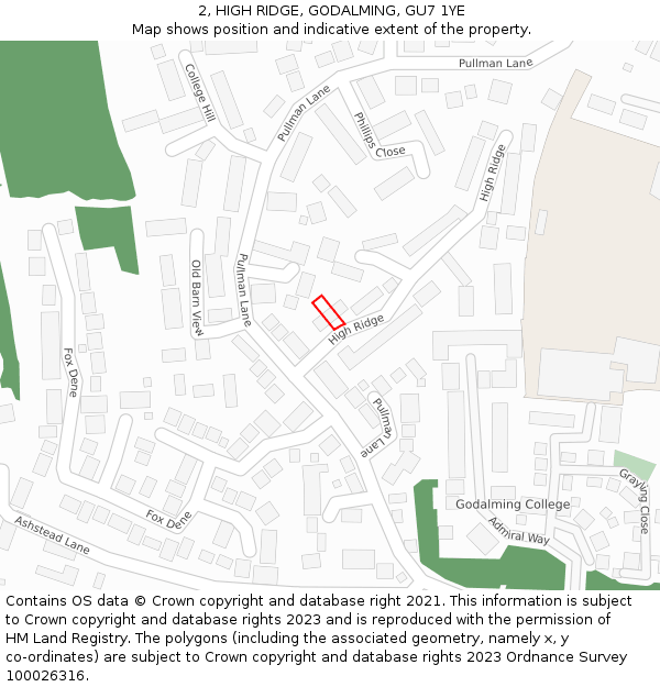 2, HIGH RIDGE, GODALMING, GU7 1YE: Location map and indicative extent of plot