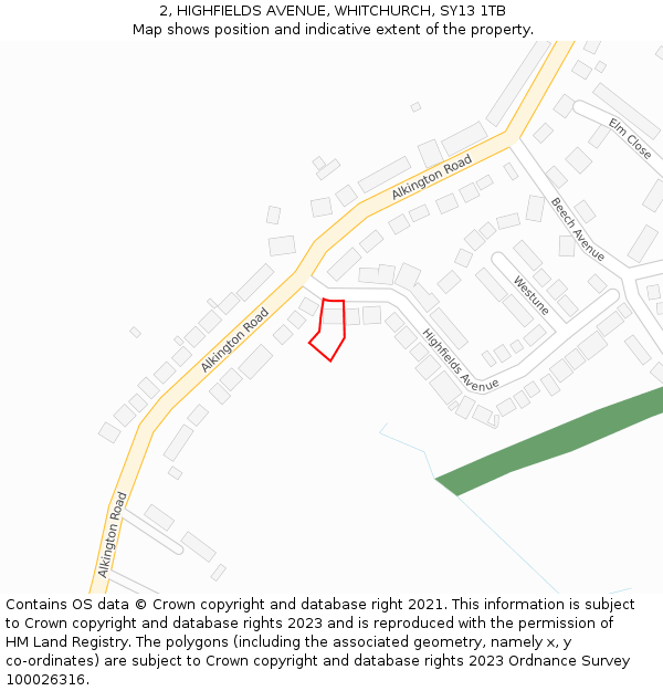 2, HIGHFIELDS AVENUE, WHITCHURCH, SY13 1TB: Location map and indicative extent of plot