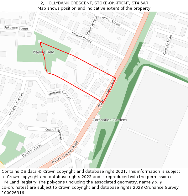 2, HOLLYBANK CRESCENT, STOKE-ON-TRENT, ST4 5AR: Location map and indicative extent of plot